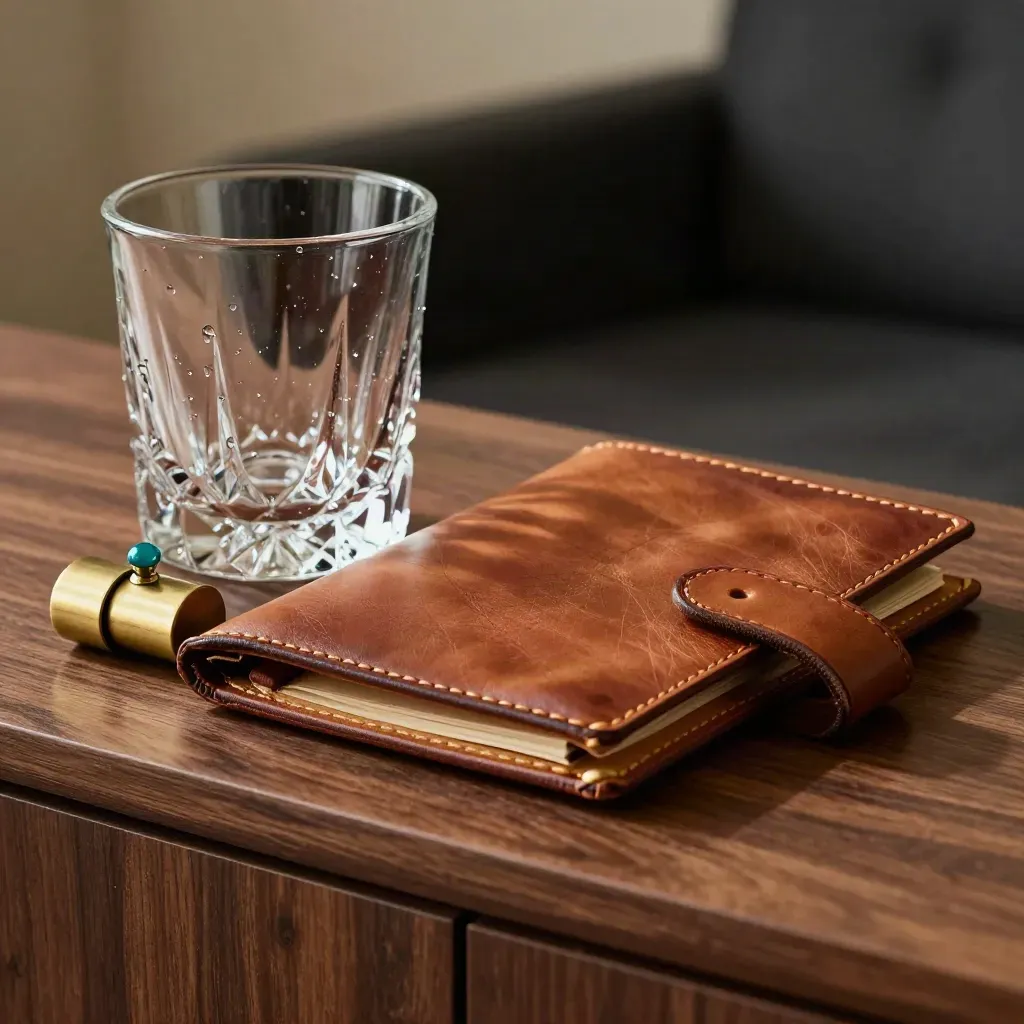 Leather folio, crystal tumbler, and brass paperweight on walnut, softly lit with teal reflections.