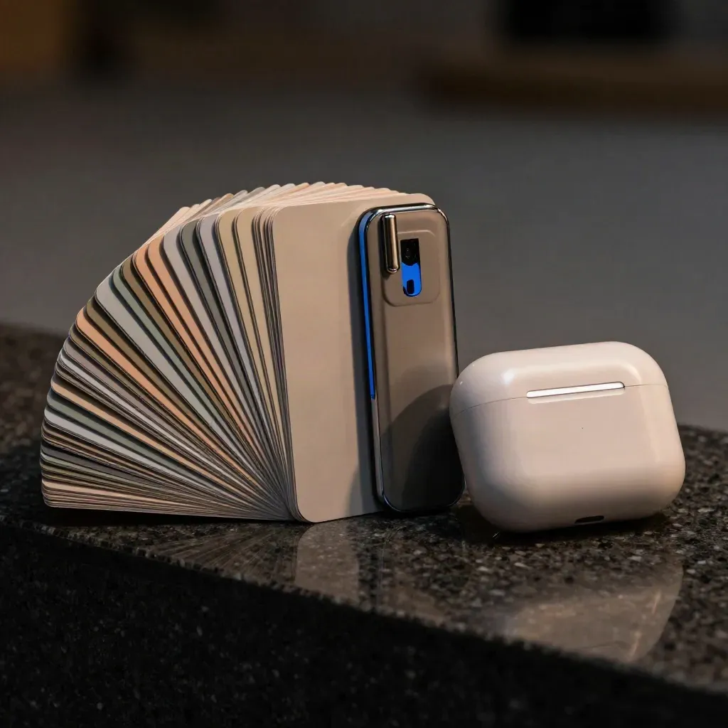 Macro still life of a clicker, fanned sample cards, and an earpiece case on stone