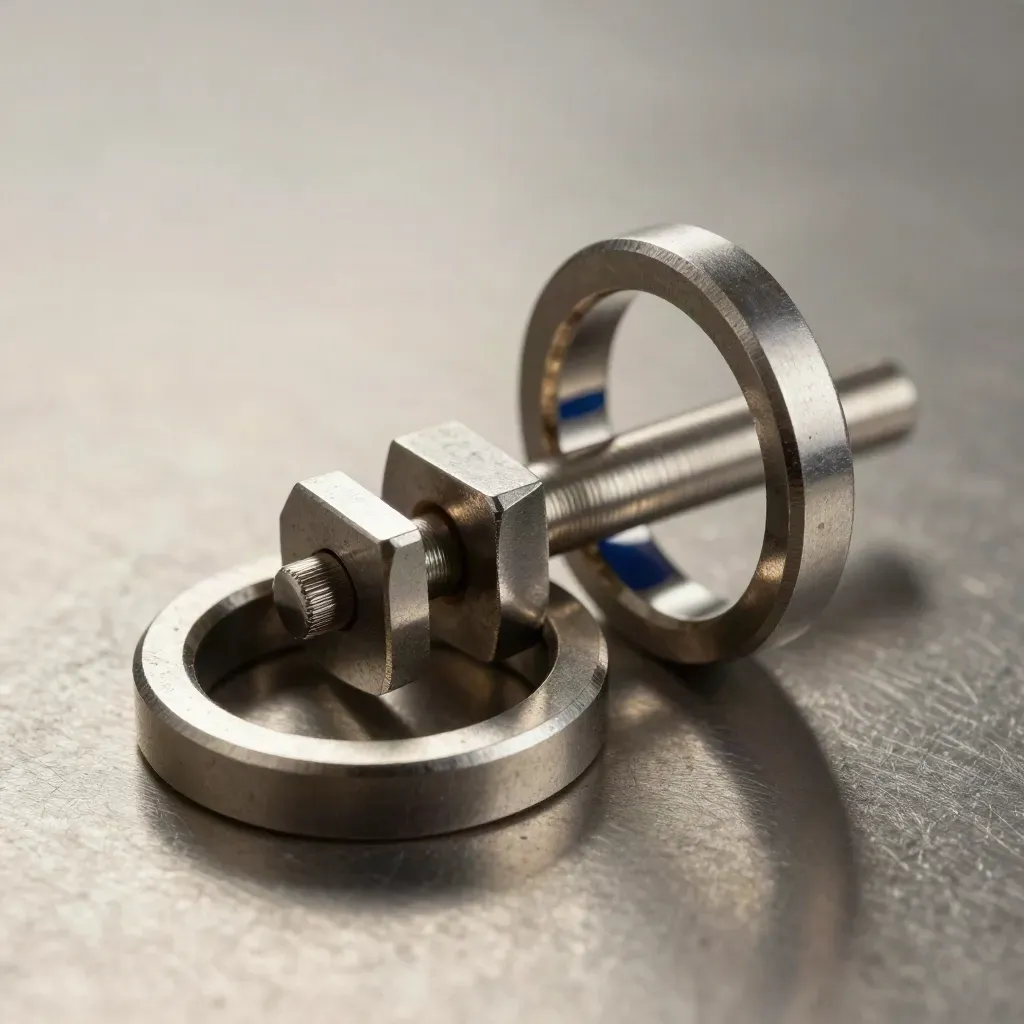 Machined rings, connector block, and metal pins locked together on brushed steel